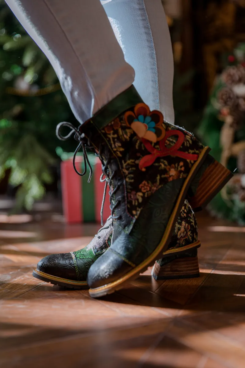 Floral Appliqued Lace Up Leather Ankle Boot
