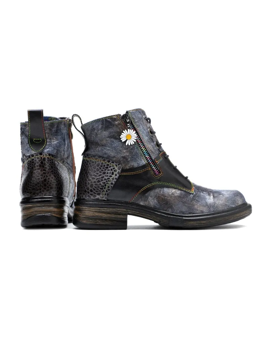 Genuine Leather Grey Tie Dye Distress-Contrast Combat Boots