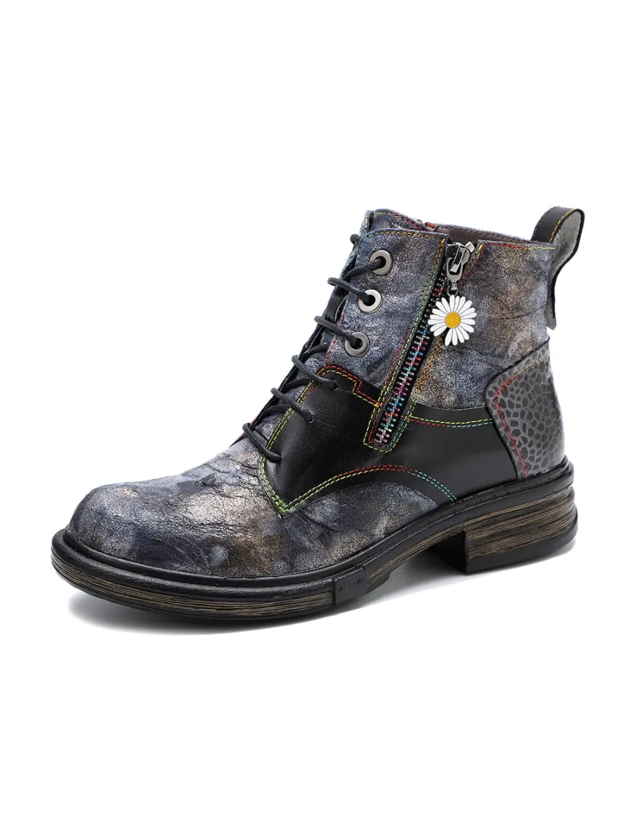 Genuine Leather Grey Tie Dye Distress-Contrast Combat Boots