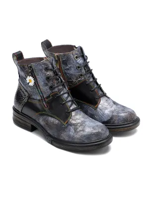 Genuine Leather Grey Tie Dye Distress-Contrast Combat Boots