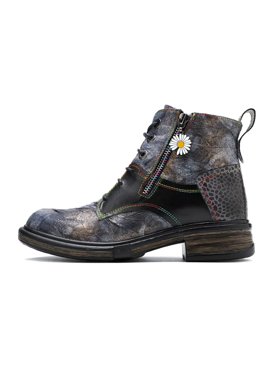 Genuine Leather Grey Tie Dye Distress-Contrast Combat Boots
