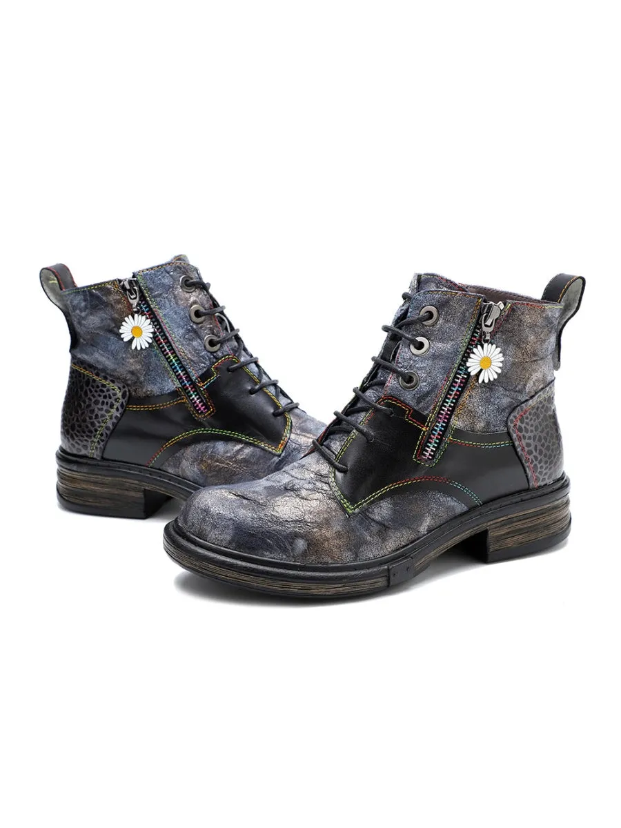 Genuine Leather Grey Tie Dye Distress-Contrast Combat Boots