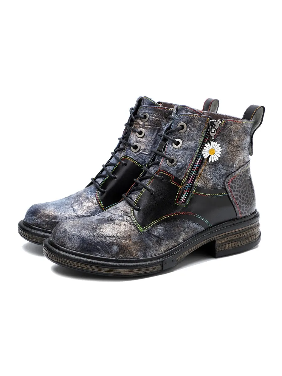 Genuine Leather Grey Tie Dye Distress-Contrast Combat Boots