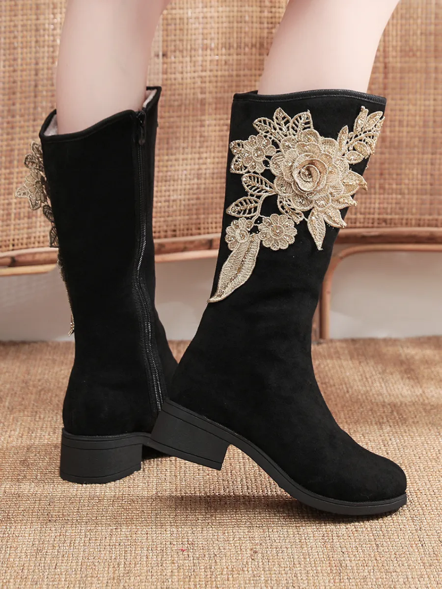 Golden Flower Appliqued Lace Detail Long Knee Boots - Black