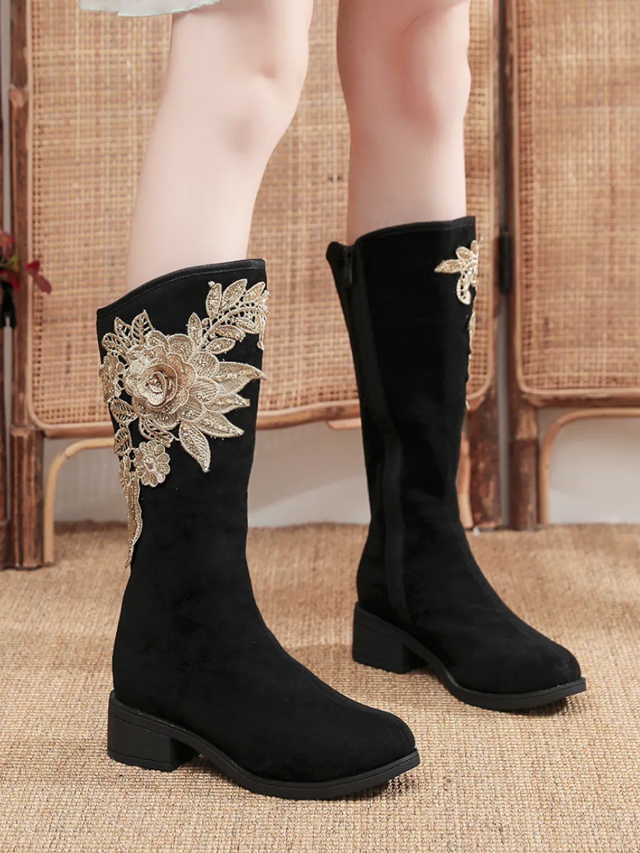 Golden Flower Appliqued Lace Detail Long Knee Boots - Black