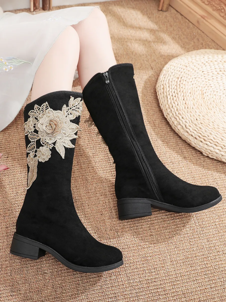 Golden Flower Appliqued Lace Detail Long Knee Boots - Black