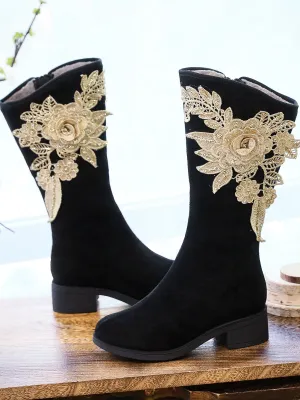 Golden Flower Appliqued Lace Detail Long Knee Boots - Black