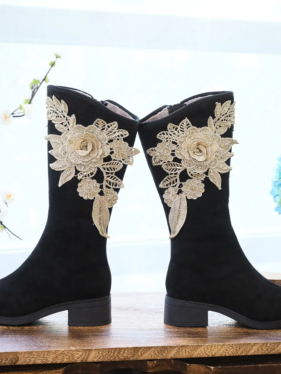 Golden Flower Appliqued Lace Detail Long Knee Boots - Black