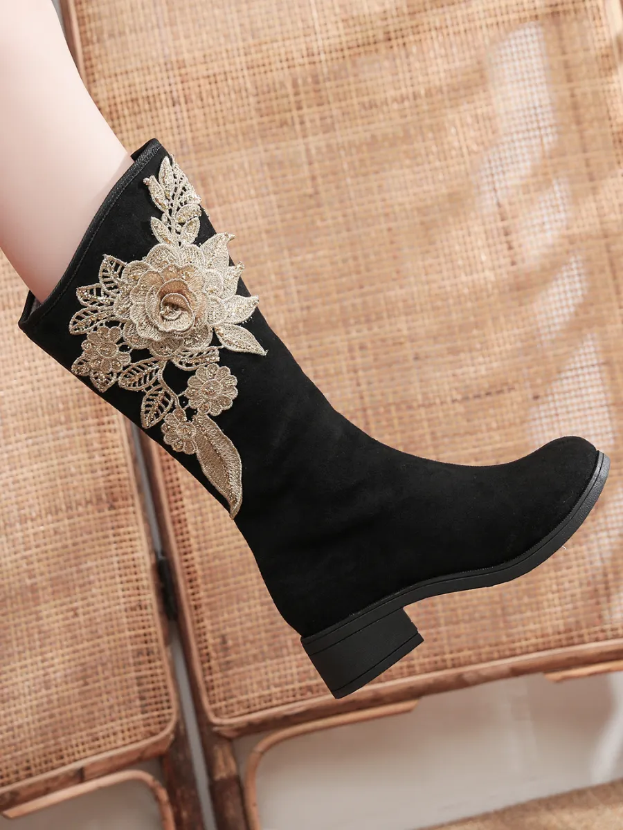 Golden Flower Appliqued Lace Detail Long Knee Boots - Black