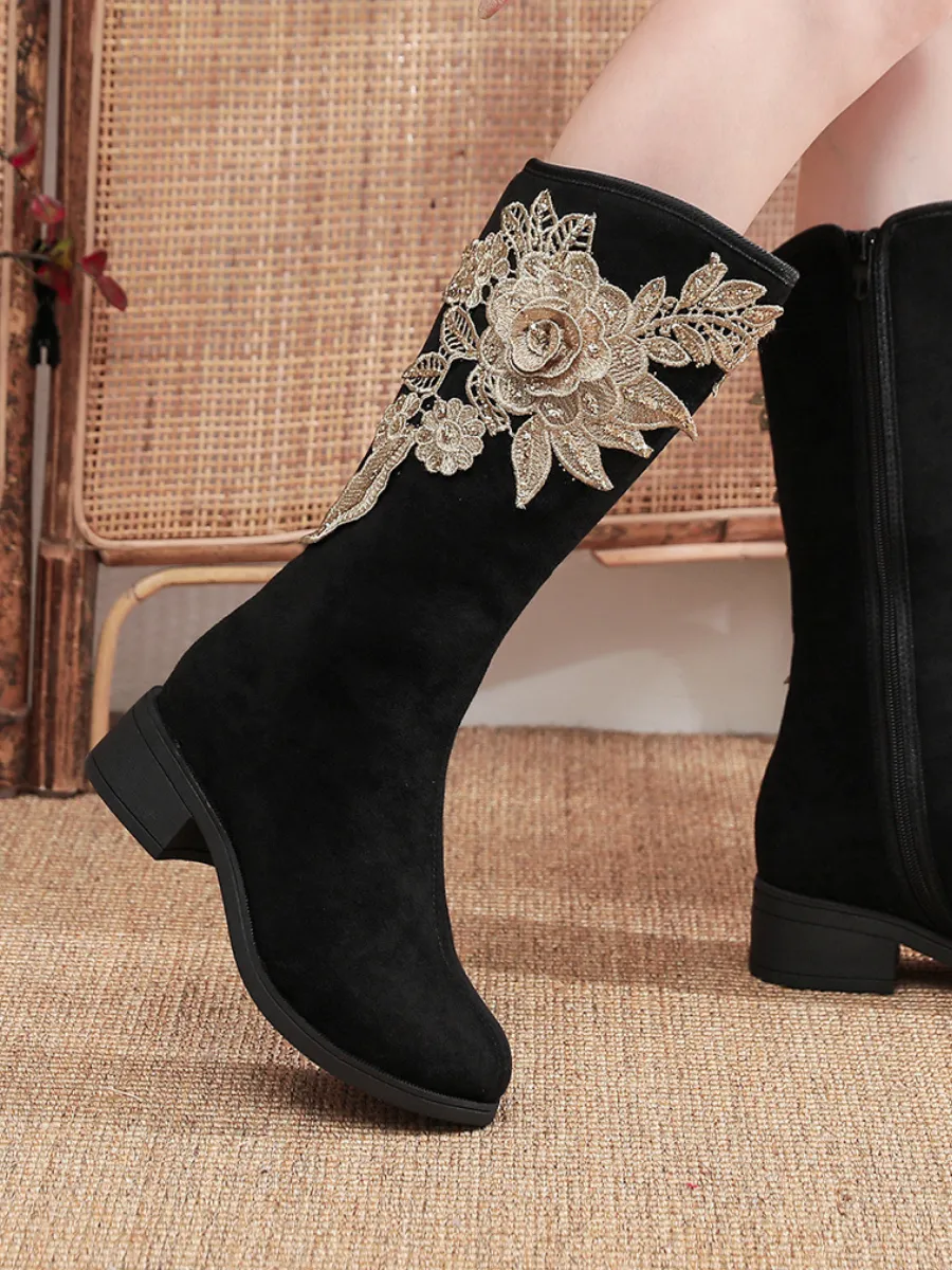 Golden Flower Appliqued Lace Detail Long Knee Boots - Black