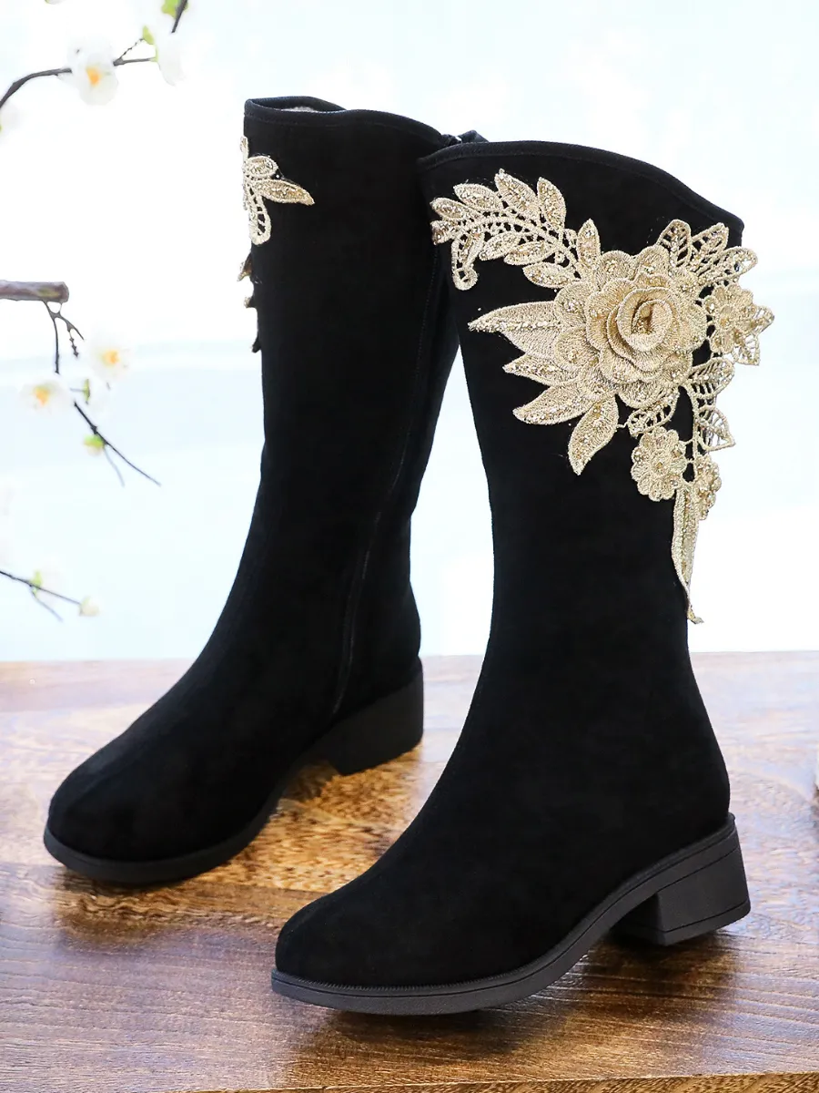 Golden Flower Appliqued Lace Detail Long Knee Boots - Black