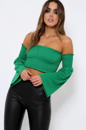 Green Bardot Shirred Crop Top with Flared Sleeves - Shera