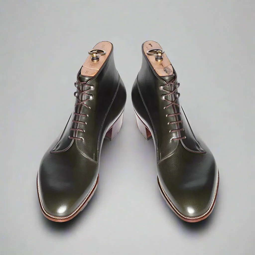 Green Leather Old School Leather Alessio Combat Hiking Boots with Chunky Track Sole- Boots