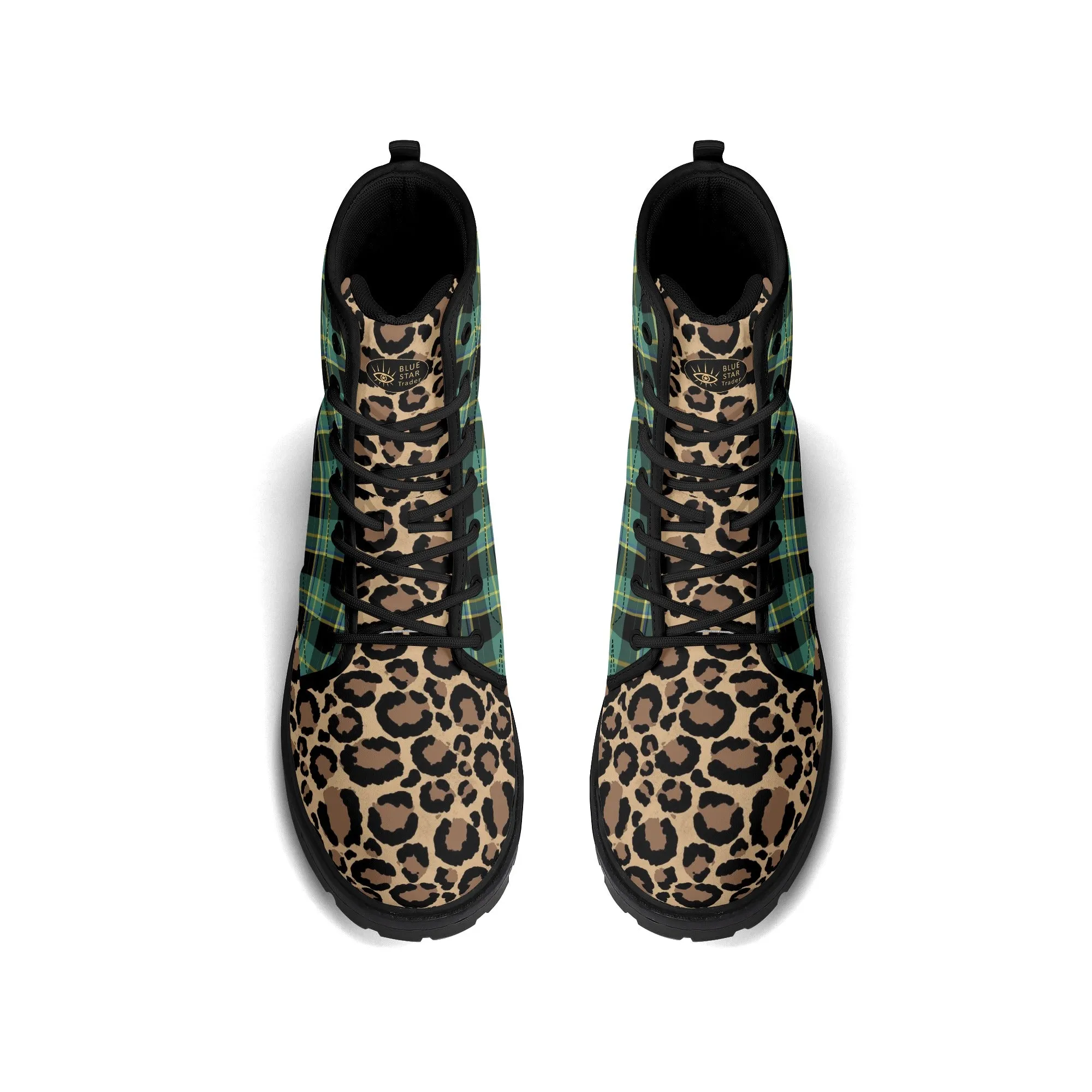 Green Plaid & Leopard Print Womens Vegan Combat Boots