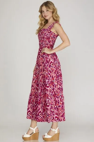 Hazel Blues® | She   Sky Smocked Printed Wide Strap Tiered Dress