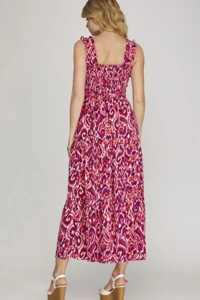 Hazel Blues® | She   Sky Smocked Printed Wide Strap Tiered Dress