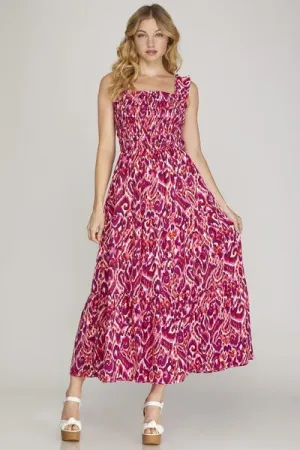 Hazel Blues® | She   Sky Smocked Printed Wide Strap Tiered Dress