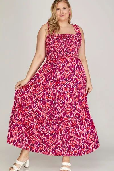 Hazel Blues® | She   Sky Smocked Printed Wide Strap Tiered Dress