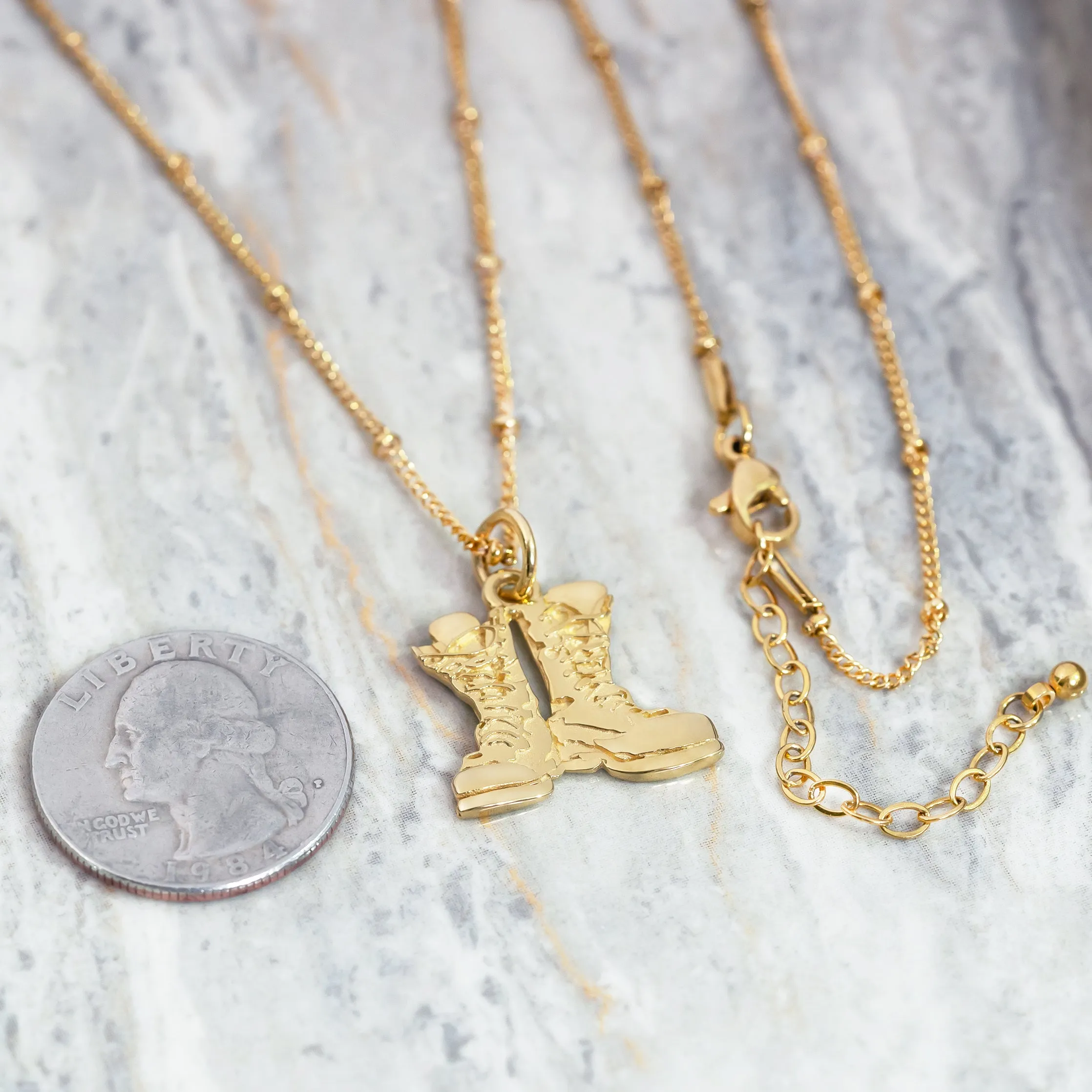 'Heart of Gold'  Combat Boots Gold-Plated Stainless Steel Pendant Necklace