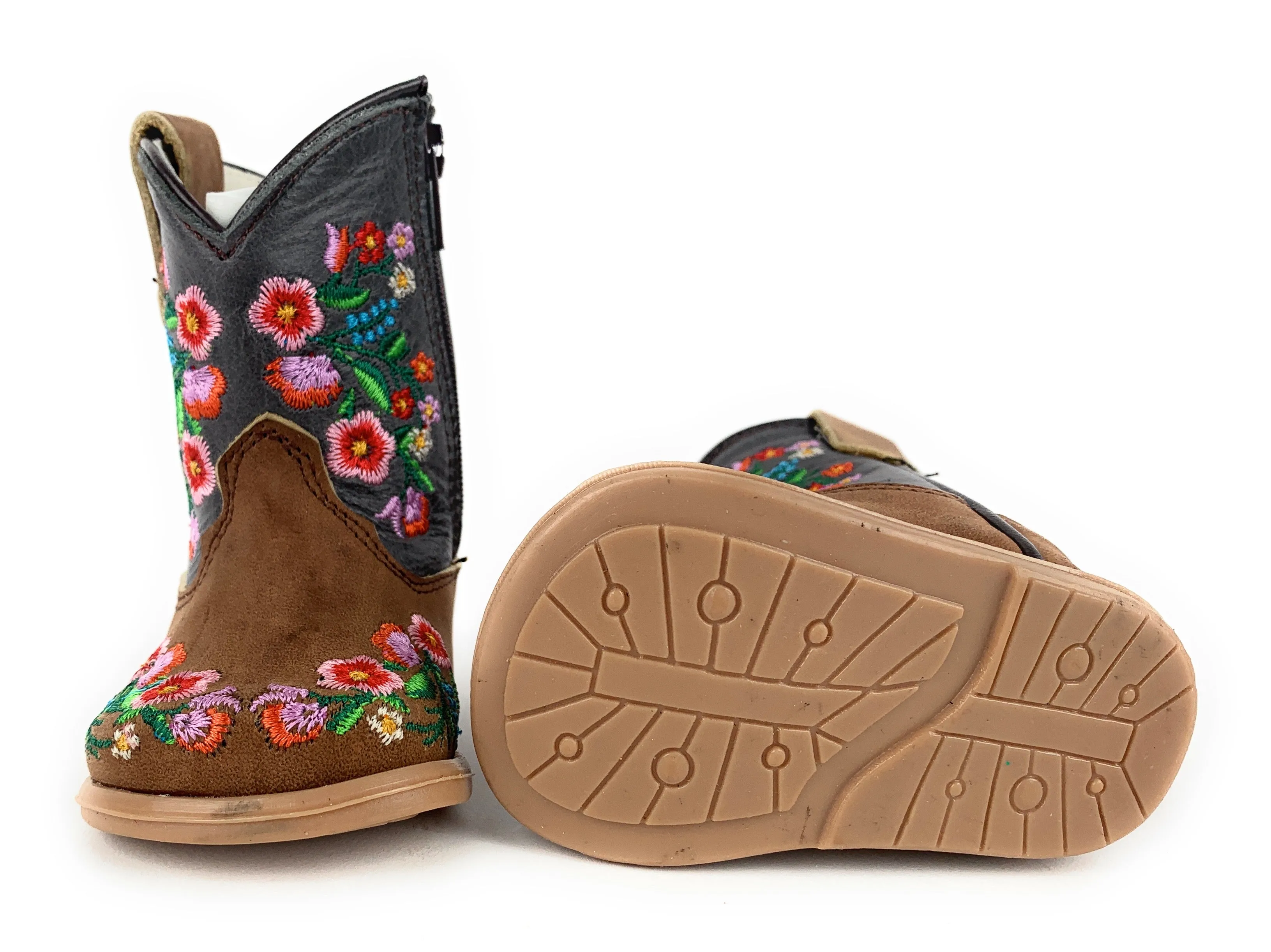 Infant/Toddler Brown Round Toe Western Boots With Spiraled Rose's