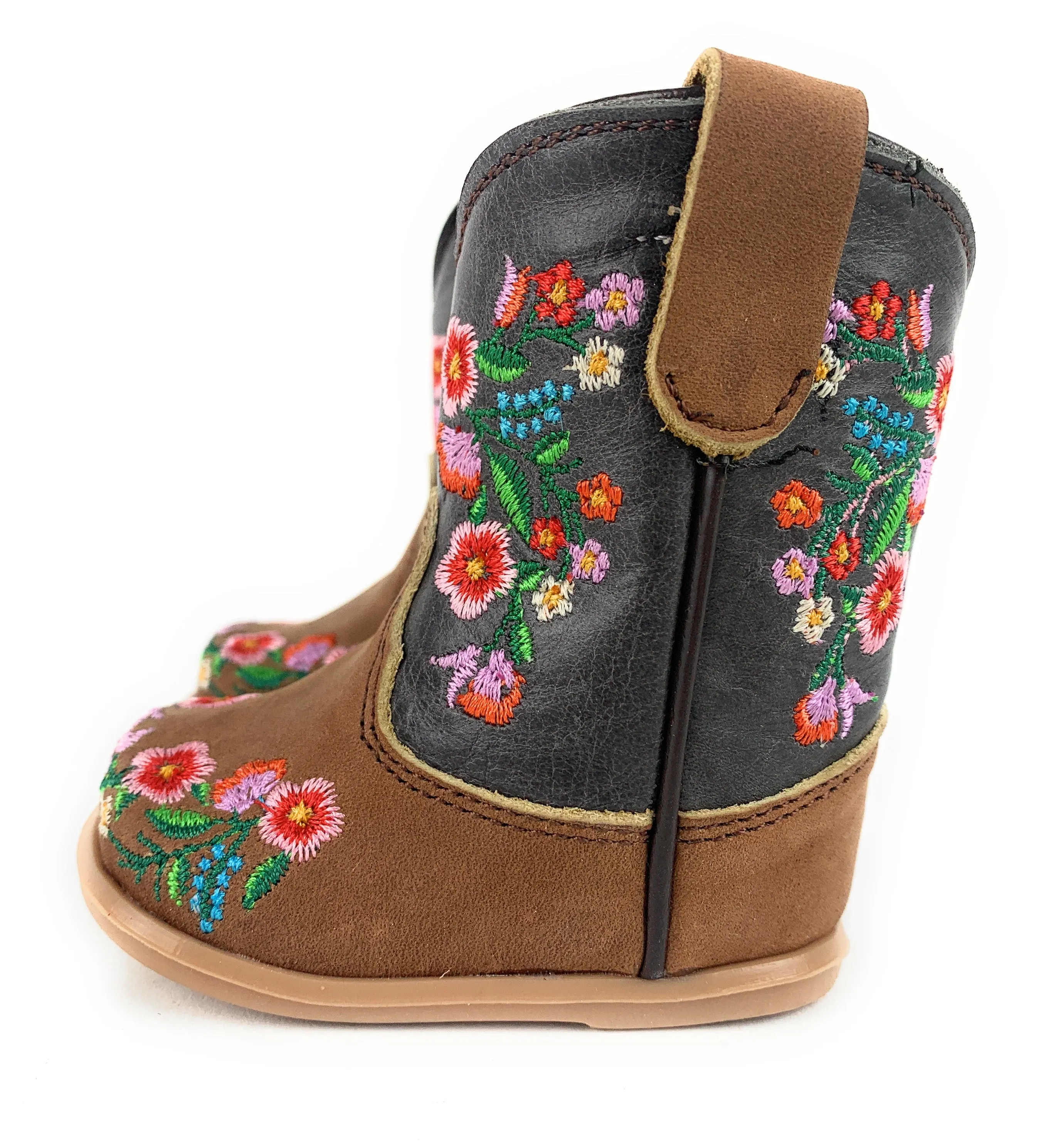Infant/Toddler Brown Round Toe Western Boots With Spiraled Rose's