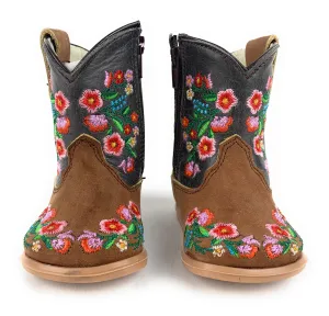 Infant/Toddler Brown Round Toe Western Boots With Spiraled Rose's