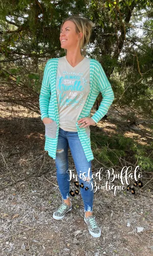 {KASSANDRA} Sea Foam Green   White Striped Solid Pocket Cardigan