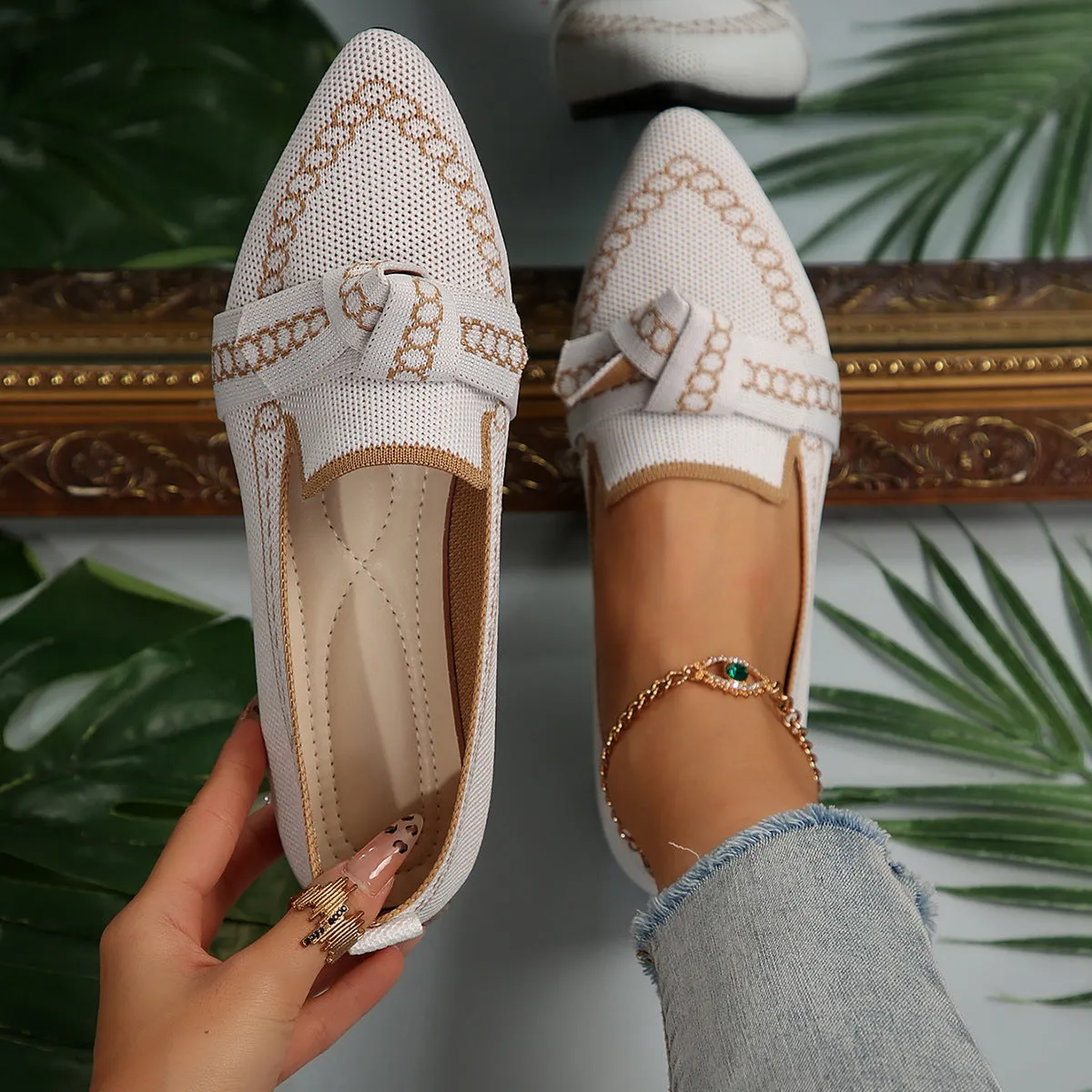 knitted Slip-On Flats with Bow