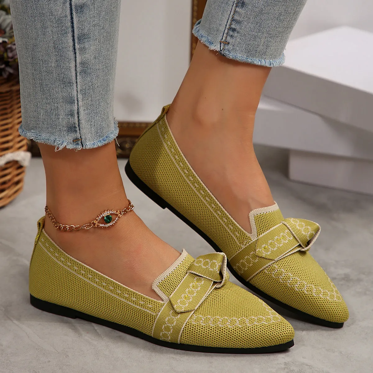 knitted Slip-On Flats with Bow