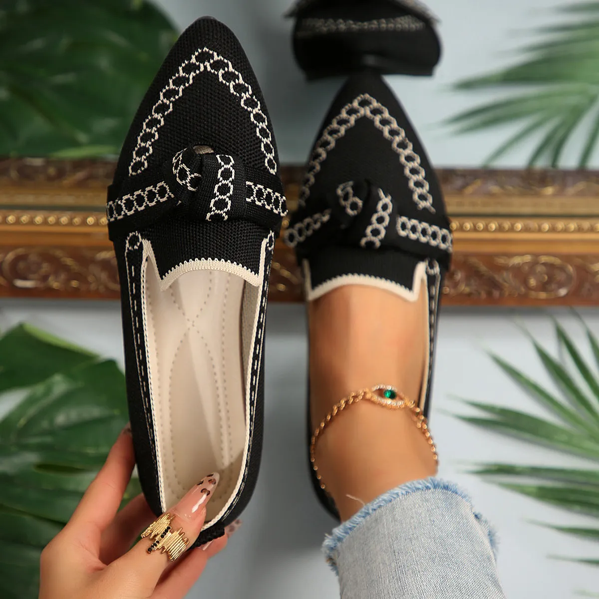 knitted Slip-On Flats with Bow