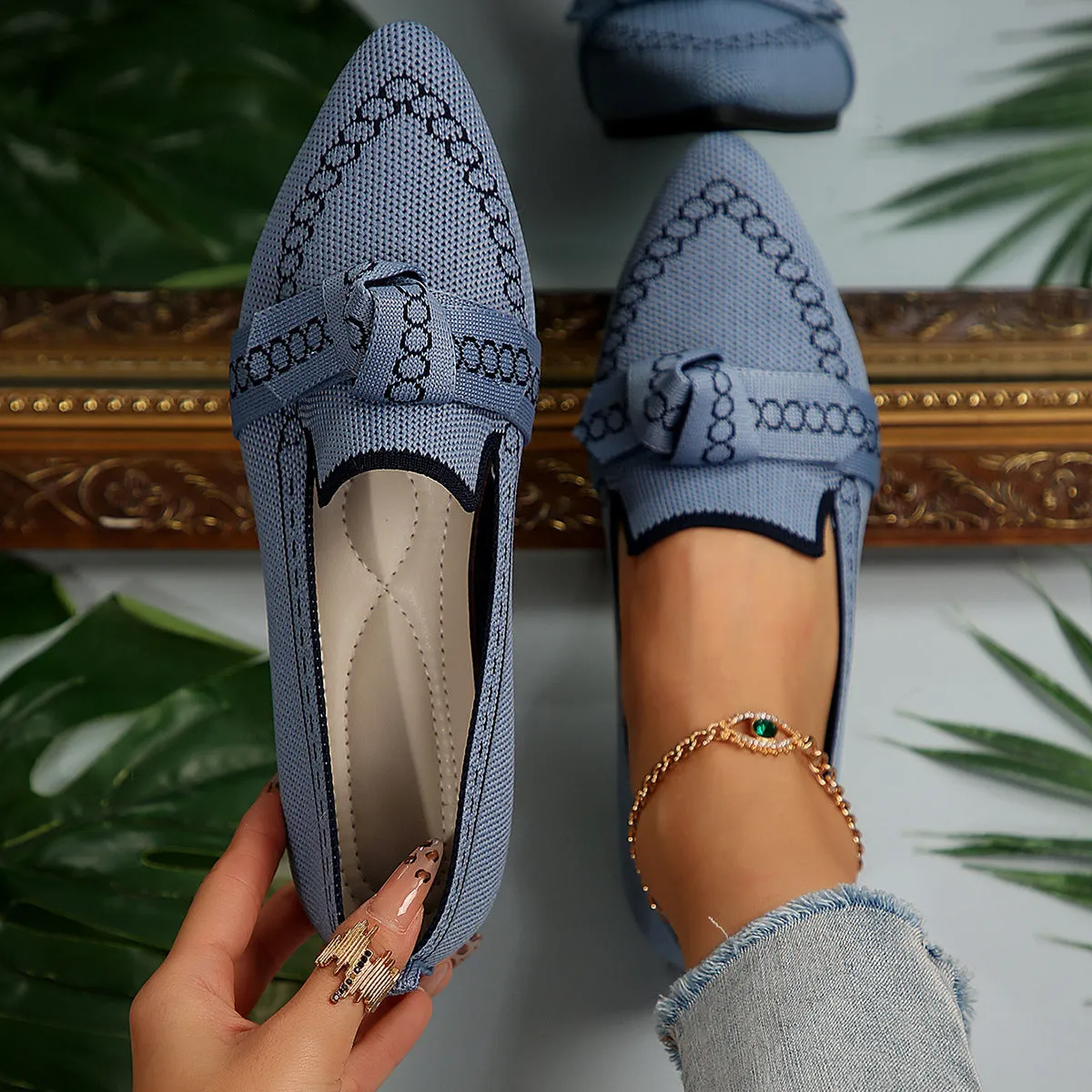 knitted Slip-On Flats with Bow