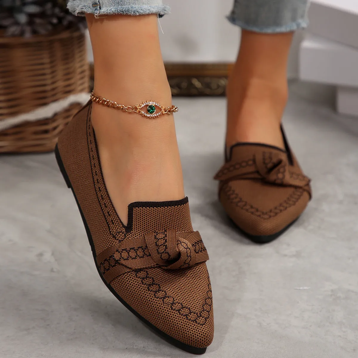 knitted Slip-On Flats with Bow
