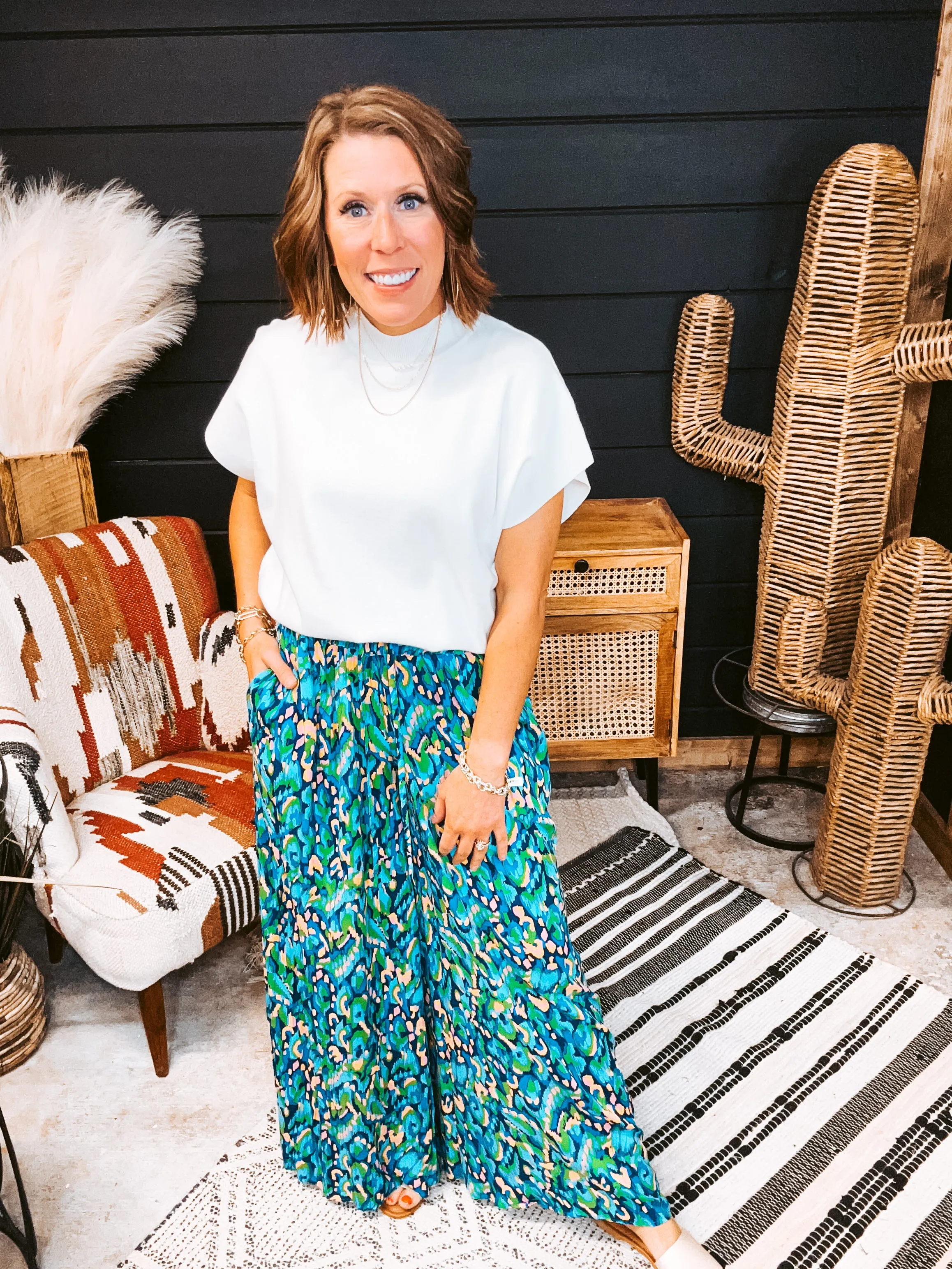 Mix Print Elastic Waist Flowy Pant