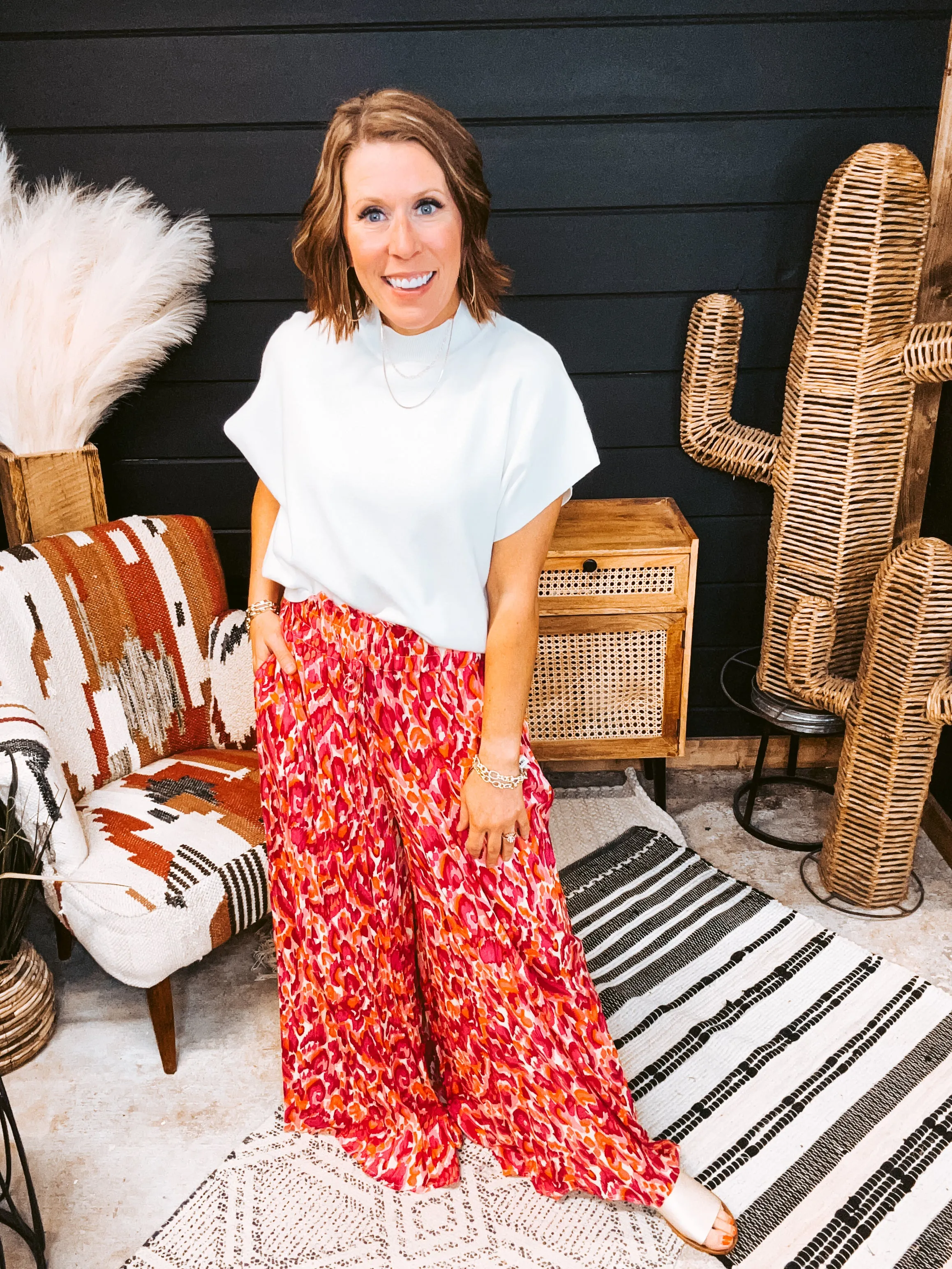 Mix Print Elastic Waist Flowy Pant