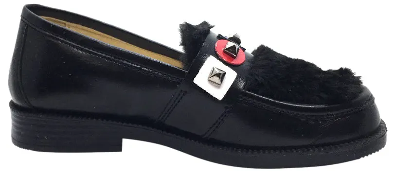 Naturino Girl's 9211 Black Soft Faux Fur Upper Studded Smooth Leather Slip On Platform Loafers