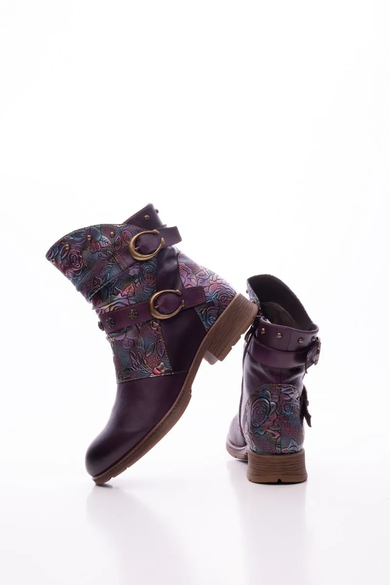 Nicolette Rivet Stud Leather Moto Boots - Violet