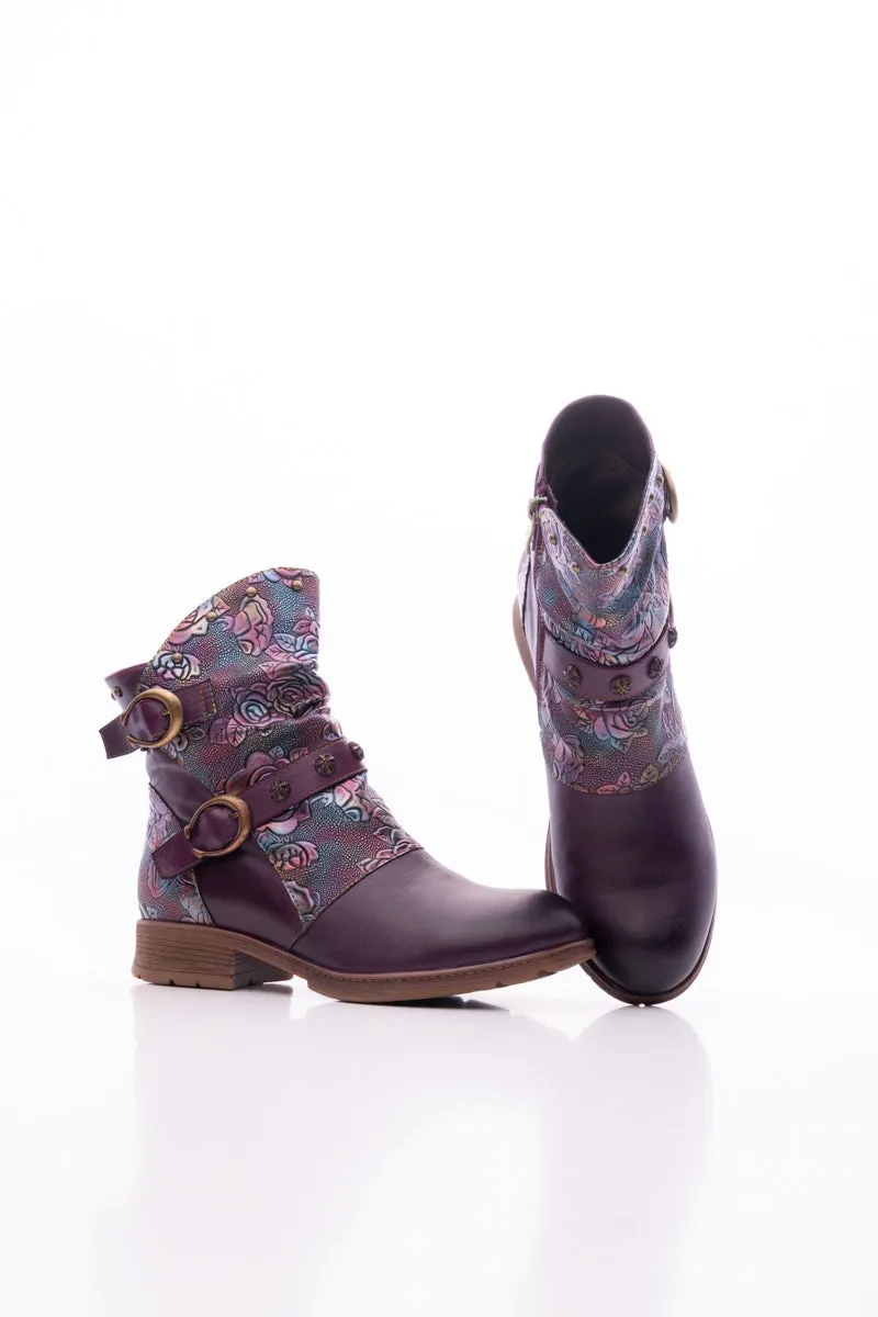 Nicolette Rivet Stud Leather Moto Boots - Violet