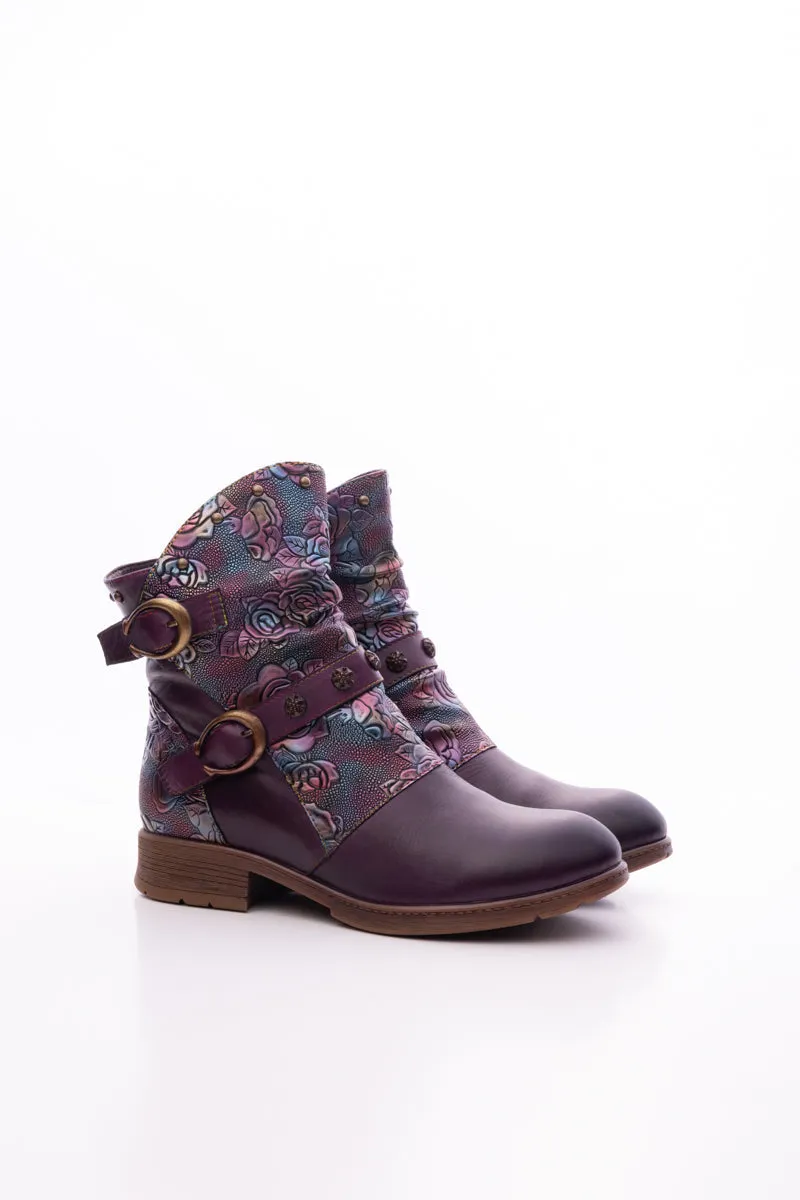 Nicolette Rivet Stud Leather Moto Boots - Violet