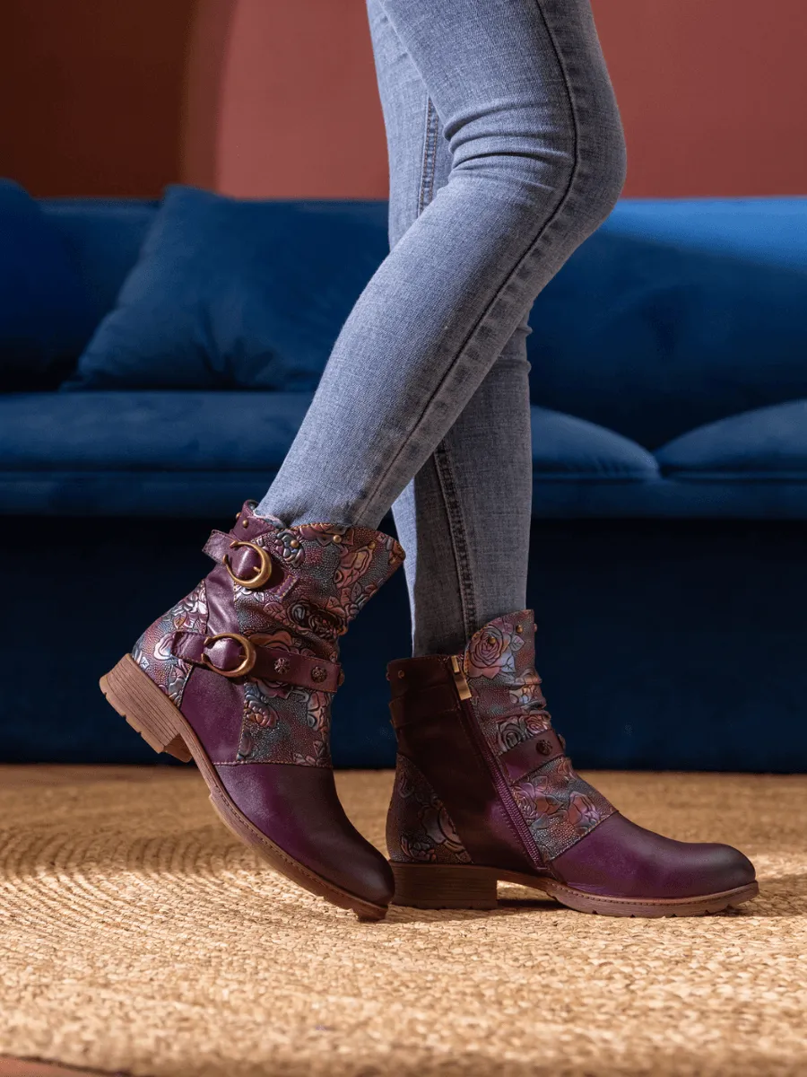Nicolette Rivet Stud Leather Moto Boots - Violet