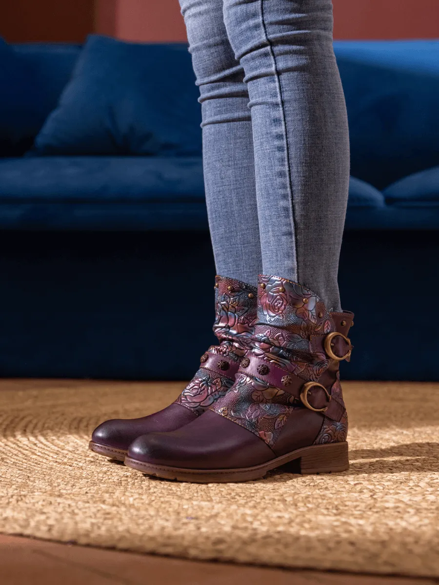 Nicolette Rivet Stud Leather Moto Boots - Violet