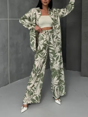 Palm Leaf Printed Elastic Waist Wide Leg Pant Set