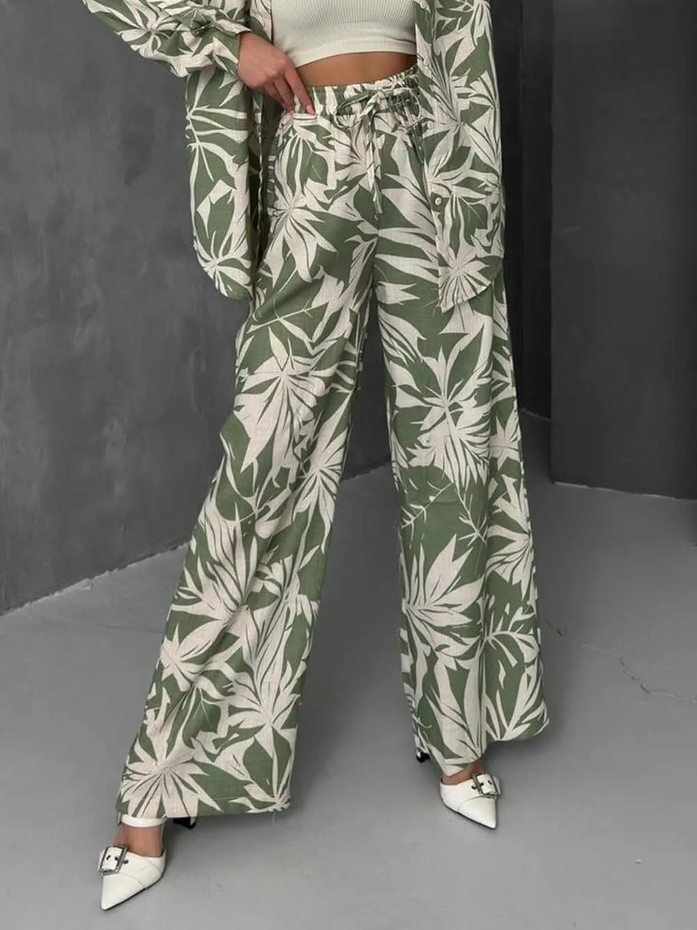 Palm Leaf Printed Elastic Waist Wide Leg Pant Set