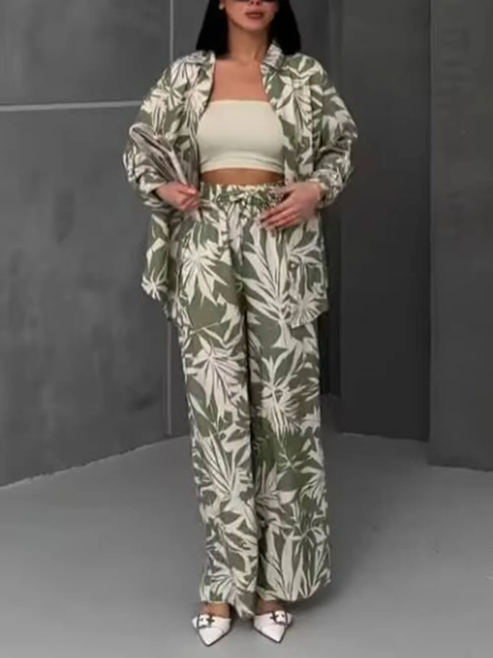 Palm Leaf Printed Elastic Waist Wide Leg Pant Set