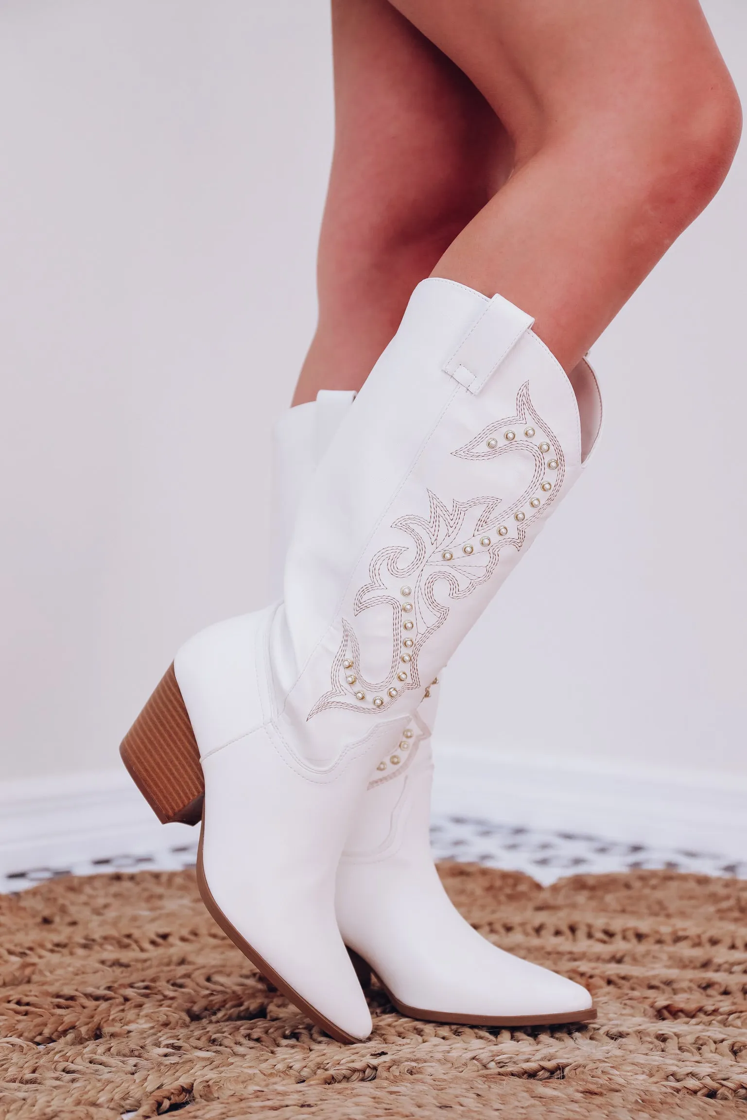 Pearl Stud Western Boot - White
