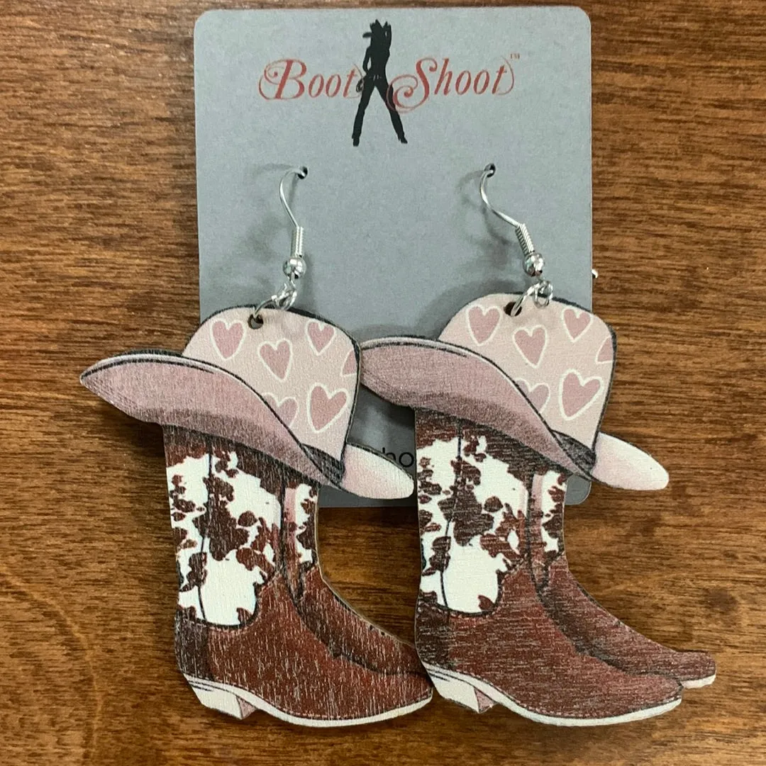 Pink Western Boots Cow Print Dangle Earrings
