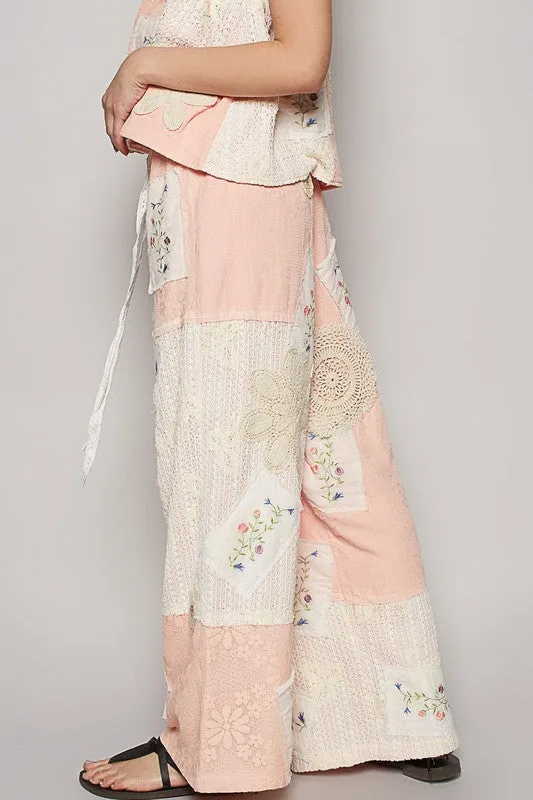 POL Embroidered Drawstring Lace Patch Wide Leg Pants