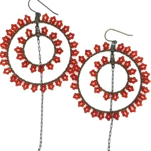 Rebel Antique Brass and Carnellian Semi Precious Stones Beaded Wire Wrap Hoop Earrings