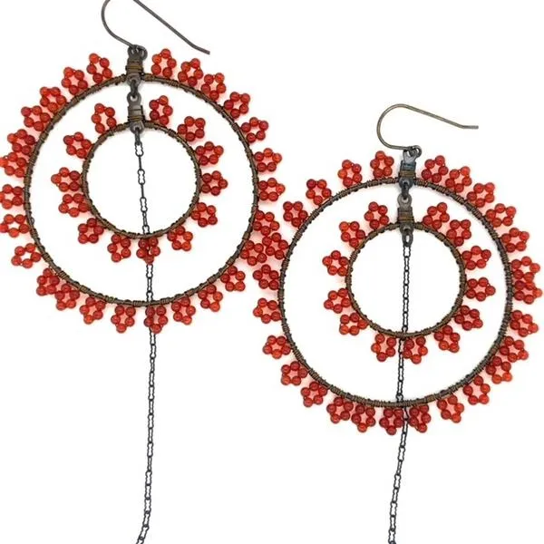 Rebel Antique Brass and Carnellian Semi Precious Stones Beaded Wire Wrap Hoop Earrings