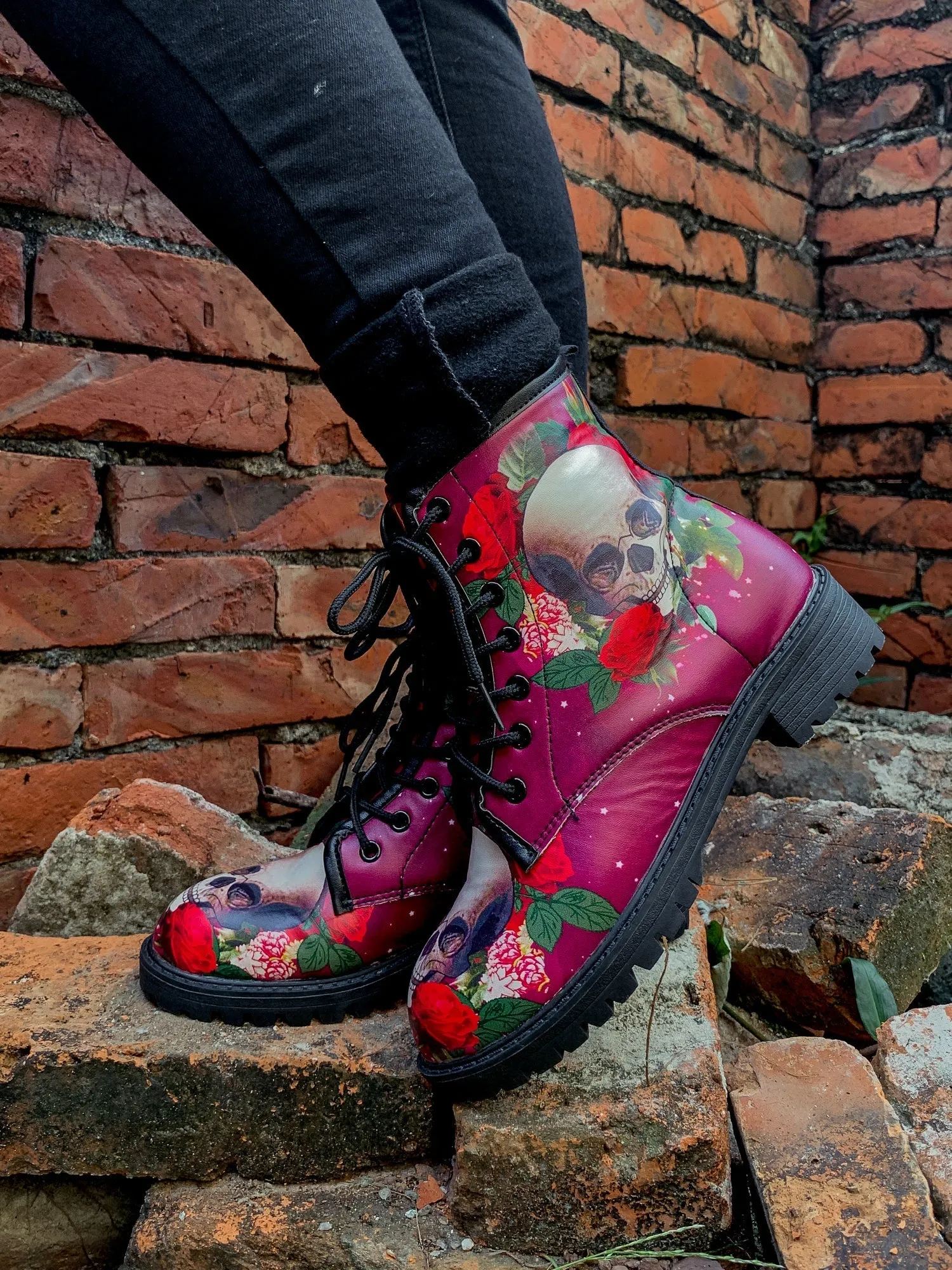Skull-Rose Red Ankle Flat Combat Boots