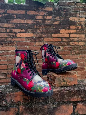 Skull-Rose Red Ankle Flat Combat Boots